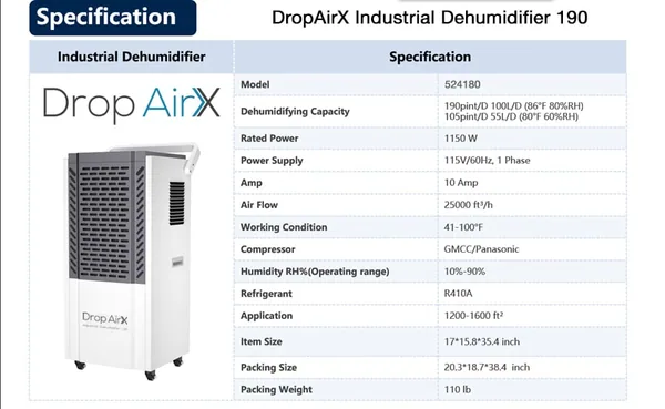 Drop Air X Industrial Dehumidifier 190 Pints/Day