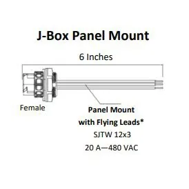 Fluence AC Flex Wiring, 6" ( 152mm ), J-Box Panel Mount, 20A, Pigtails to M25 Push Lock Connector