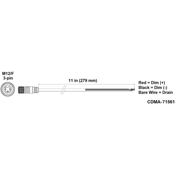 Fluence PSU2 DC Dimming Signal Cable, 11" ( 279mm ), Pigtail to M12 Threaded Connector