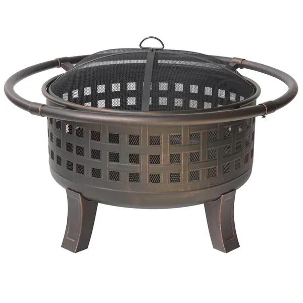 Gardener Select 40"x40"x25.4" Open Basket Weave Deep Fire Pit Antique Bronze.7mm Steel w/Big Ring, Mesh Cover & Poker - Image 2
