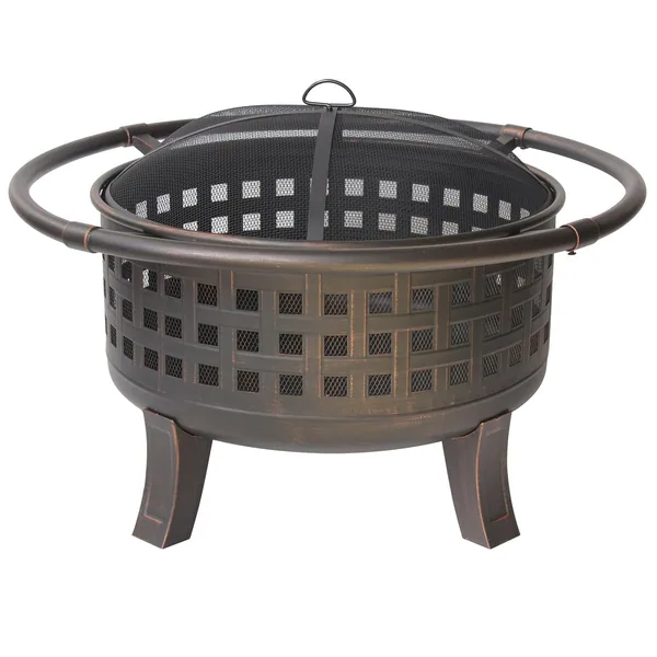 Gardener Select 40"x40"x25.4" Open Basket Weave Deep Fire Pit Antique Bronze.7mm Steel w/Big Ring, Mesh Cover & Poker