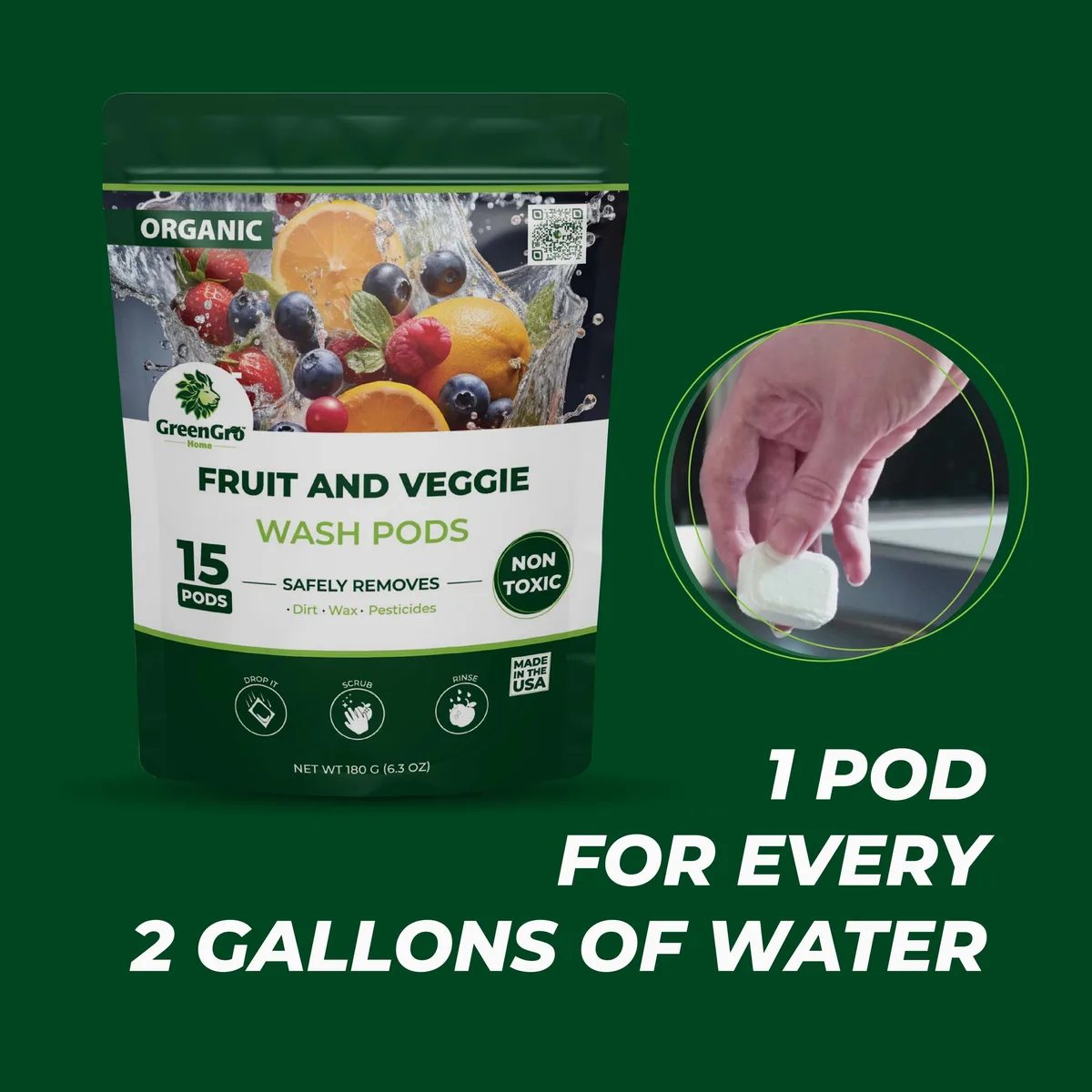 GreenGro 1 lb Fruits & Veggies Wash Pods - Image 2