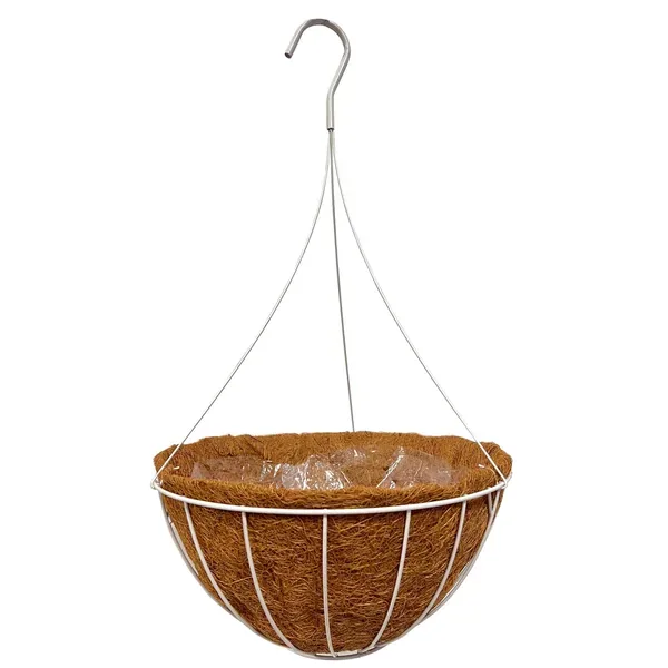 Grower Select 14" Hanging Basket White 20" 4 Strand Wire Hanger Flat Bottom Coco Liner; 14 in x 7 in; 2.37 Gal / 9 liters Liquid Volume Capacity - Image 2