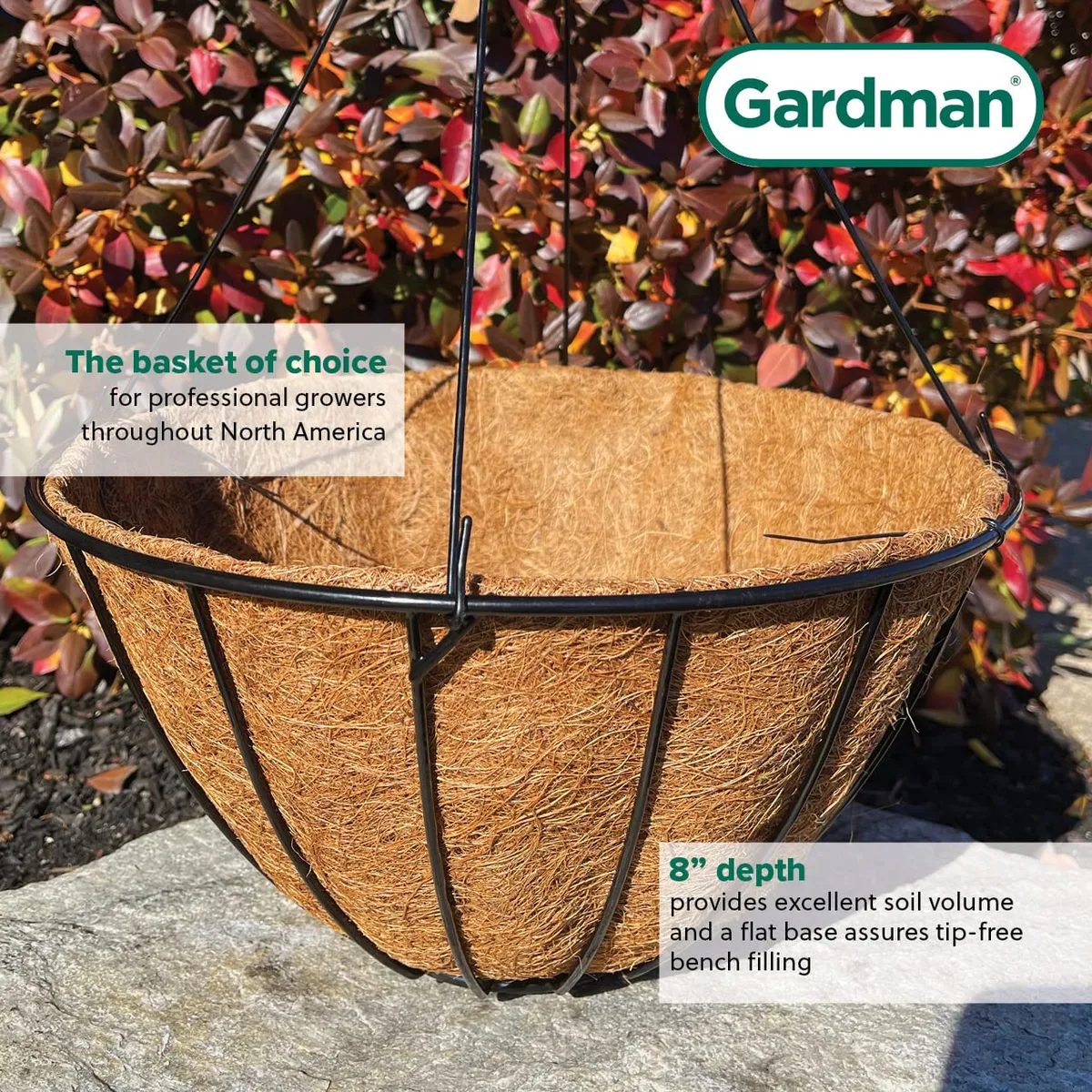 Grower Select 16" Hanging Basket Black 20" 4 Strand Wire Hanger Flat Bottom Coco Liner; 16in X 8in 3.43 GAL / 13 liters Liquid Volume Capacity - Image 2