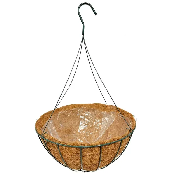 Grower Select 16" Hanging Basket Hunter Green 20" 4 Strand Wire Hanger Flat Bottom Coco Liner; 16in X 8in 3.43 GAL / 13 liters Liquid Volume Capacity - Image 2