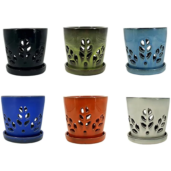 MCarr 12pc Mix 5.5"x5.5"x5.5" Leaf Orchid Pot Assorted Colors Dark Blue, Light Blue, Cream, Green, Orange, Black (Case of 12)