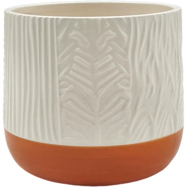 Mcarr 4.8"x4.8"x4" Ceramic Pot Glossy Glaze Cream with Orange Bottom Stripe