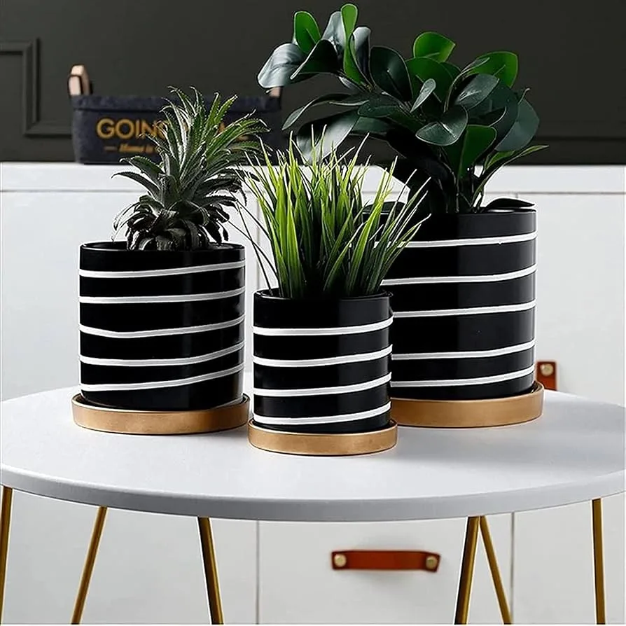 MCarr 6.3"x6.3"x4.7" Ceramic Pot Cream with Black Stripes - Image 2