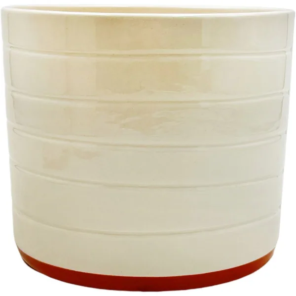 Mcarr 6.3"x6.3"x5.5" Ceramic Pot Glossy Glaze Cream with Thin Orange Bottom Stripe