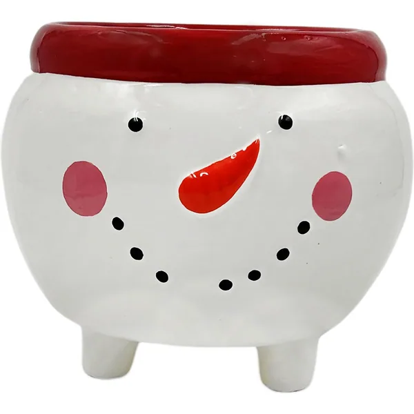 Mcarr 6.7"x6.7"X5.6" Ceramic Pot Glossy Glaze Snowman Figure Red Top with Feet