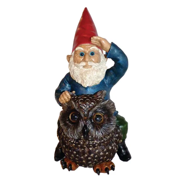 MCarr Gnome On Owl Resin Statue