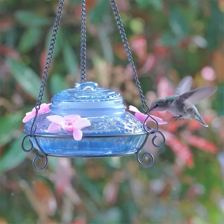 Natures Way 14oz Illuminated Antique Glass Top-Fill Hummingbird Feeder Light Blue - Image 2
