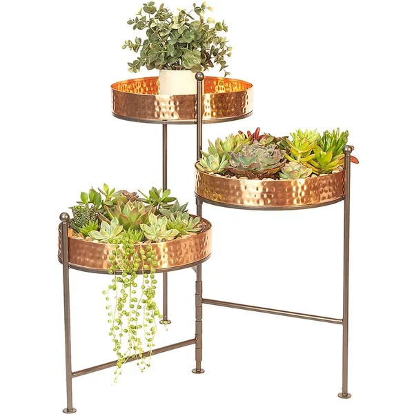 Panacea Contemporary Hammered Trays 3-tier Folding Plant Stand Copper Finish - Image 2