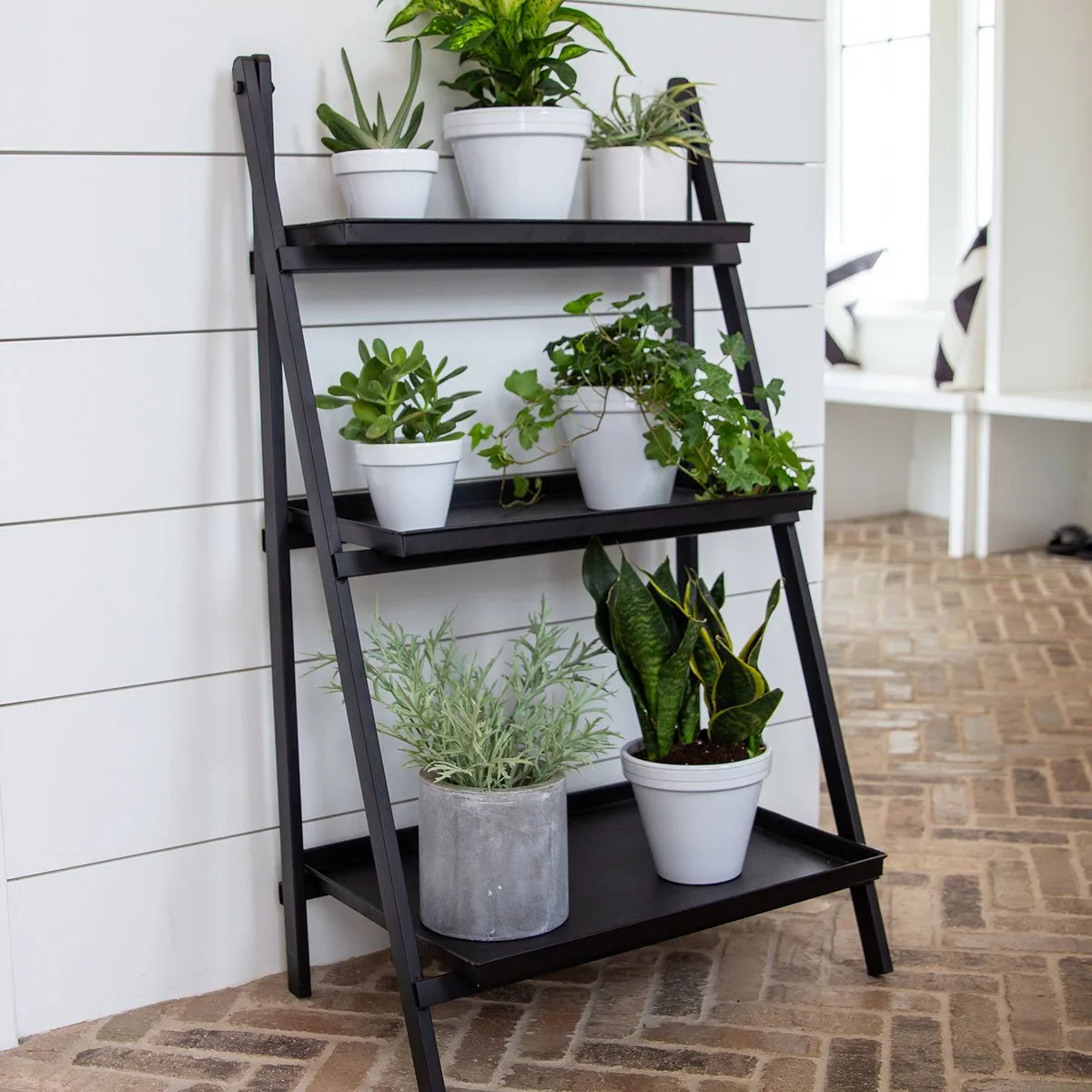 Panacea Folding Narrow Step Ladder 3 Tier Plant Stand with Metal Trays Matte Black - Image 2