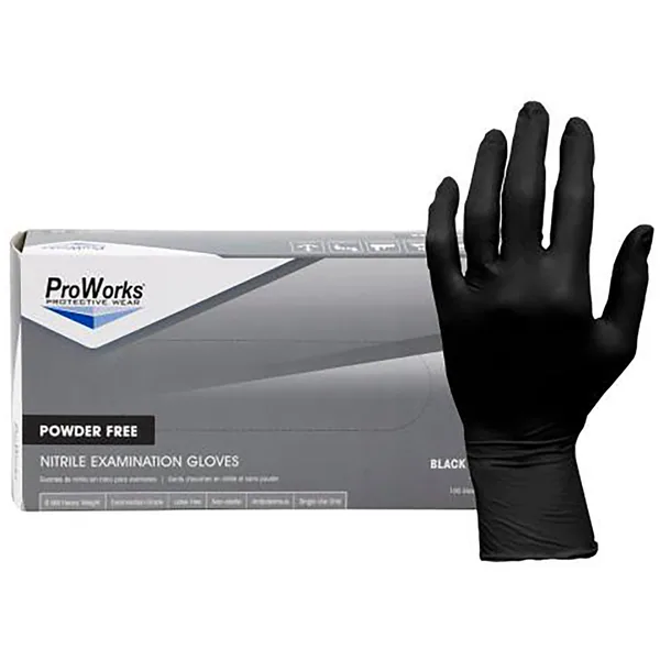 ProWorks Disposable Nitrile Exam Grade Gloves, Powder Free, Black, 6 mil, Box