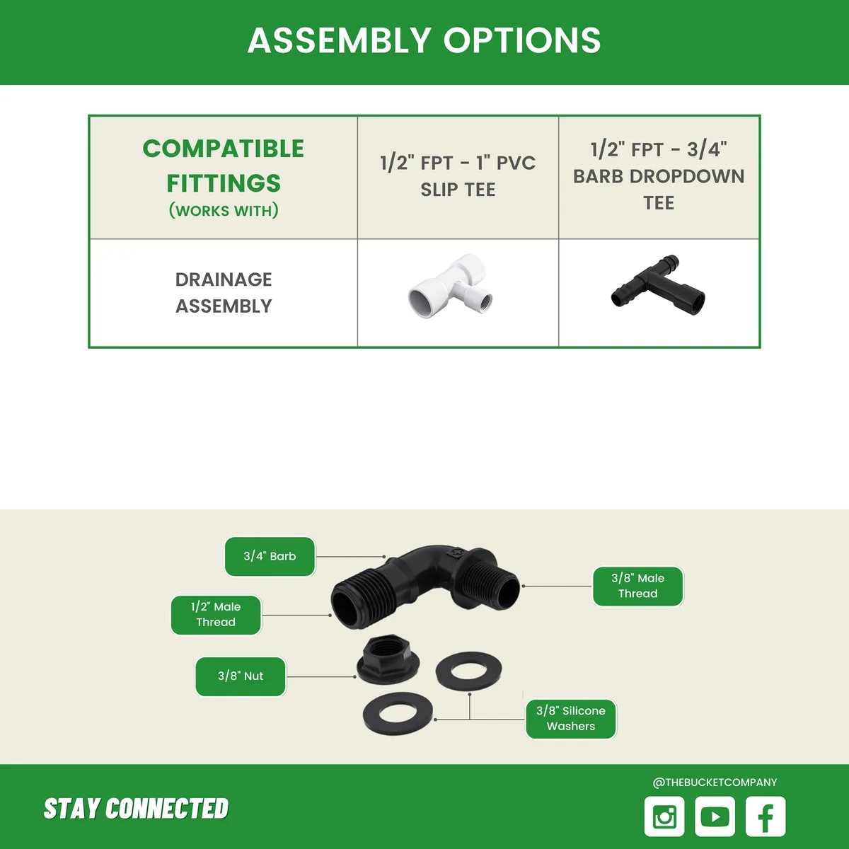 1/2" Elbow w/ Nut & Gaskets - 1/2" MPT or 3/4" Barb - Image 2