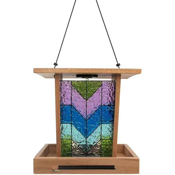 Wild Bird Lovers Cedar & Stained Glass Hopper Feeder with Solar Light - Image 2